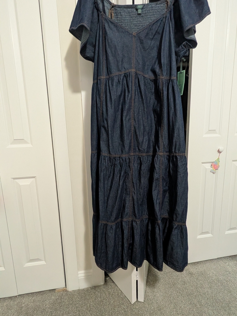 Terra & Sky Navy Smocked Denim V-Neck Dress with Contrast Stitching